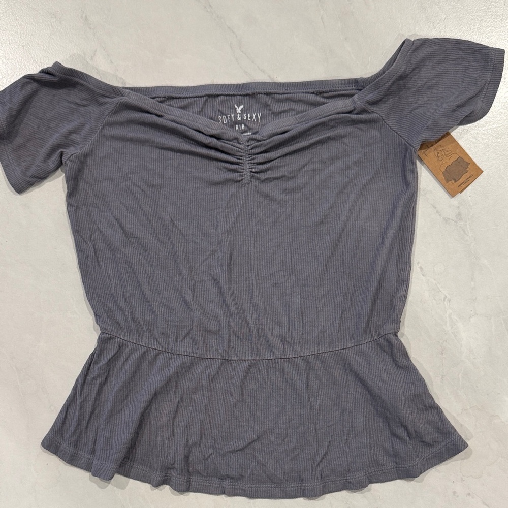 American Eagle Rib Peplum Short Sleeve Off the Shoulder Top - Slate Gray